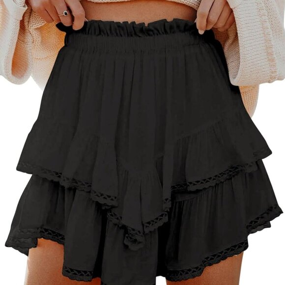 All Black High Waist Flowy Shorts with Ruffle Tiered Design for Women - Picture 1 of 5